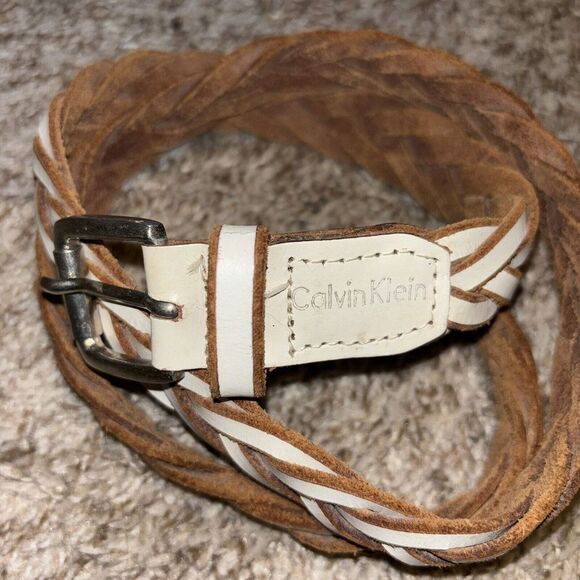 Calvin Klein Accessories - Vintage Calvin Klein Large Leather‎ Braided Belt Brass Buckle Two Toned Cowboy